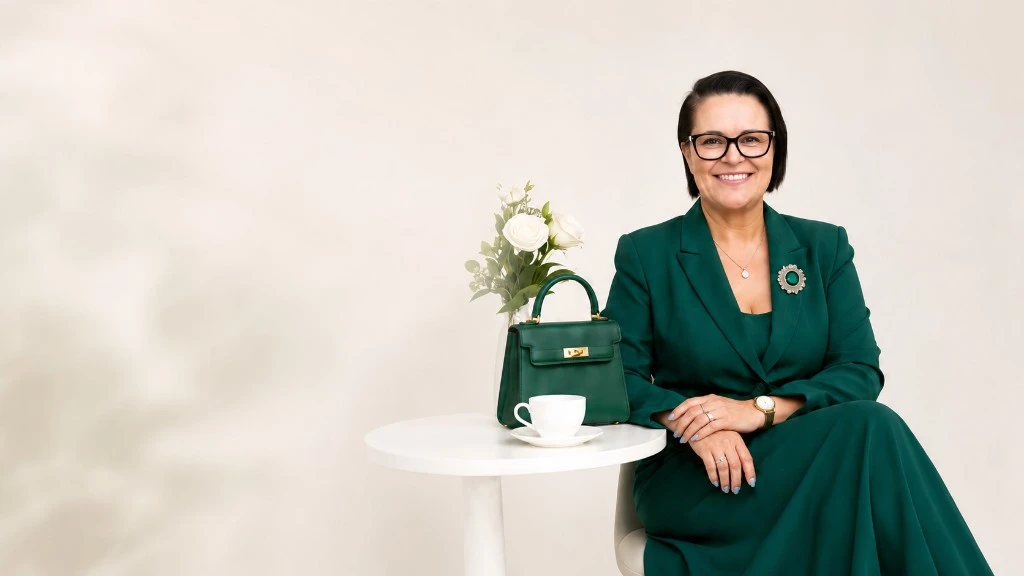 Rose, psicopedagoga, sorrindo em atendimento transparente, com blazer verde.